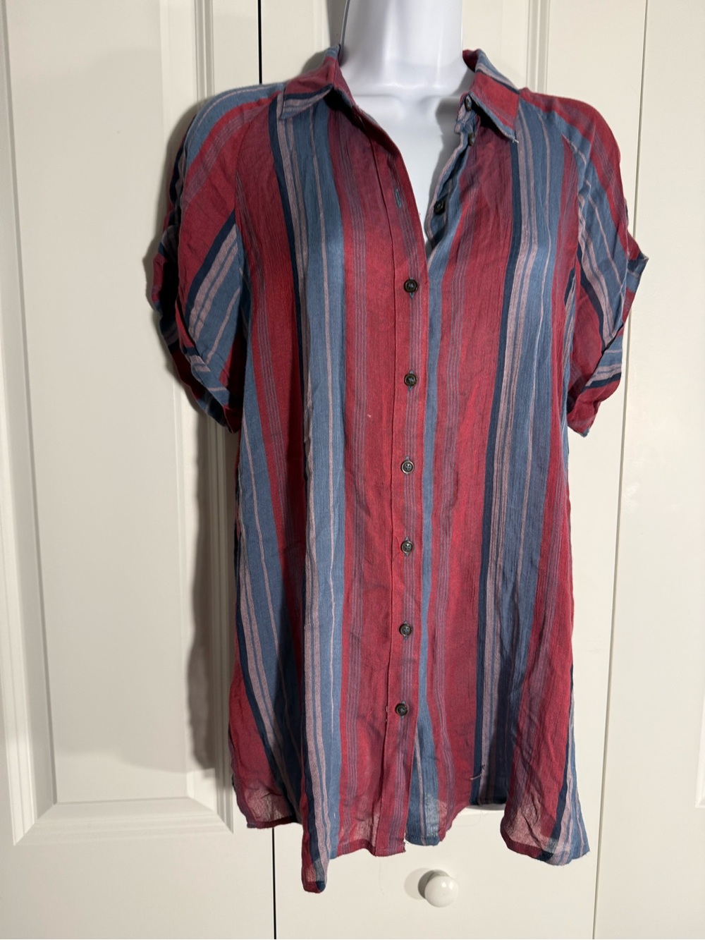 BDG Red and Blue Vertical Stripe Short-Sleeve Button-Up Shirt